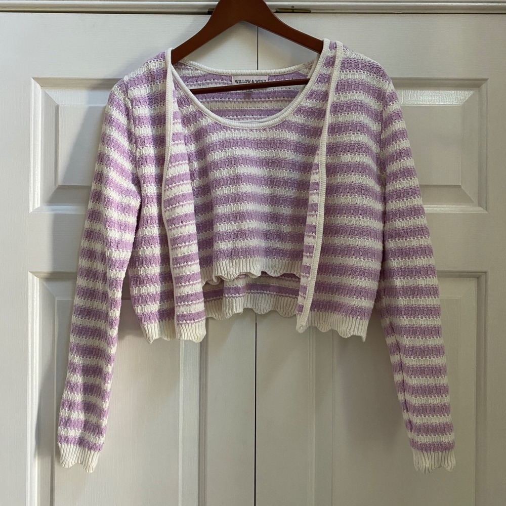 Willow & Wind Sweater Set Women Med Purple Stripe Cropped Coquette Cottagecore